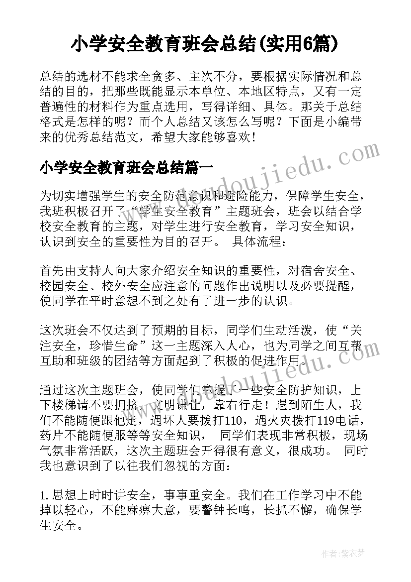 小学安全教育班会总结(实用6篇)