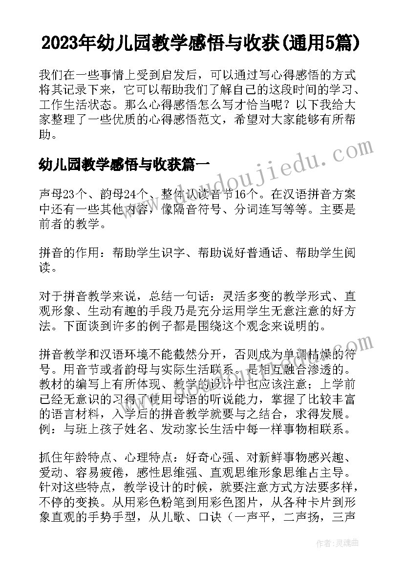 2023年幼儿园教学感悟与收获(通用5篇)