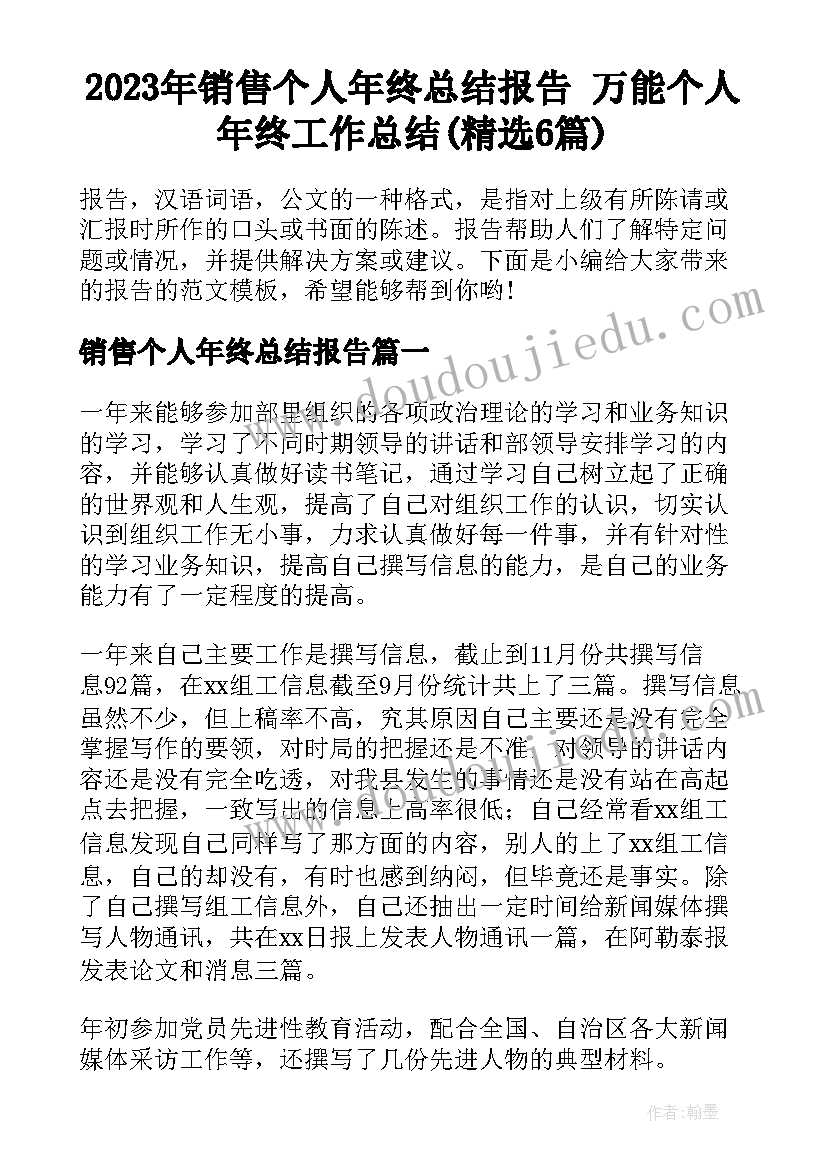 2023年销售个人年终总结报告 万能个人年终工作总结(精选6篇)