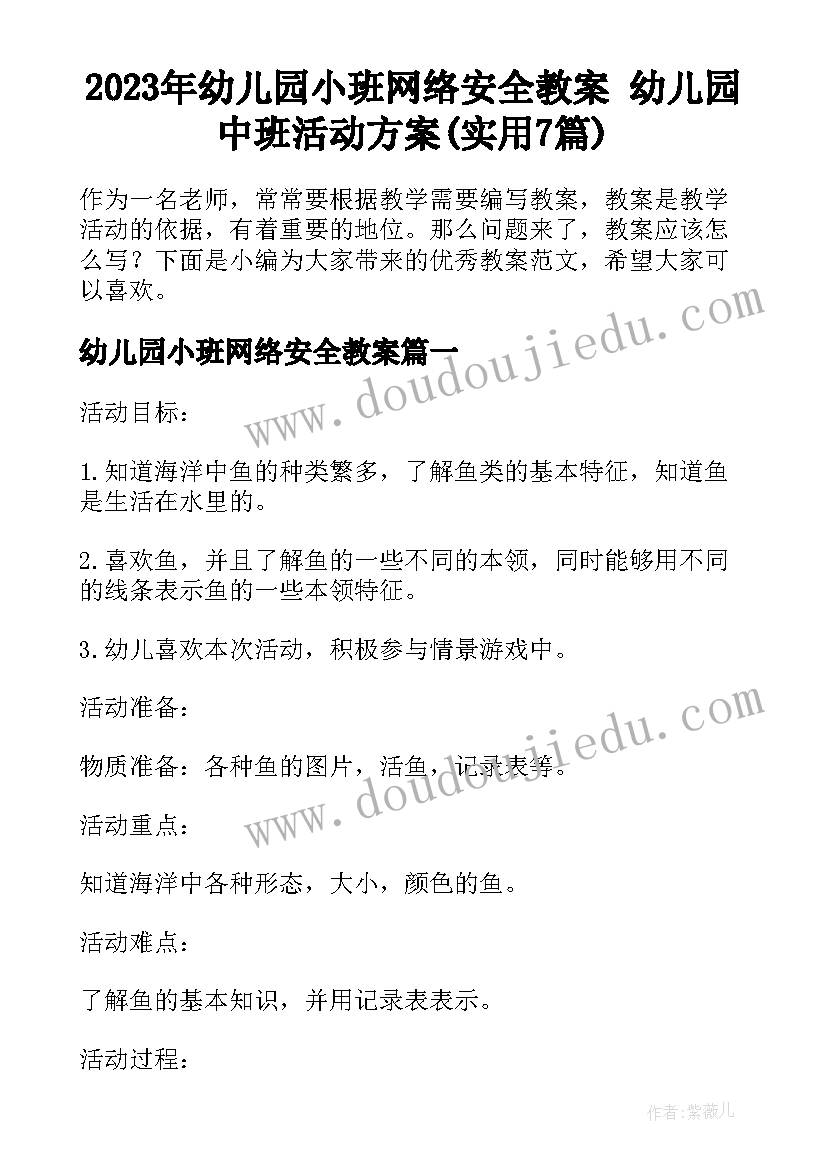 2023年幼儿园小班网络安全教案 幼儿园中班活动方案(实用7篇)