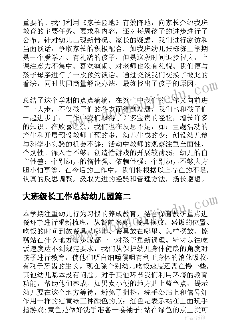 最新大班级长工作总结幼儿园(大全5篇)