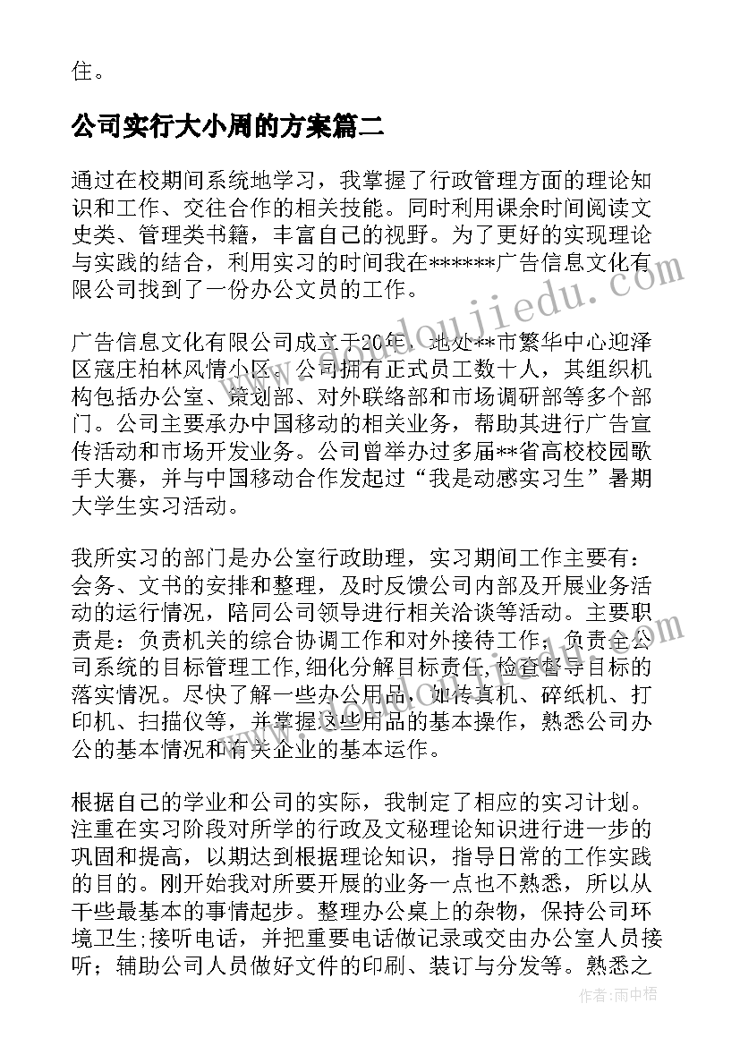 最新公司实行大小周的方案(汇总9篇)