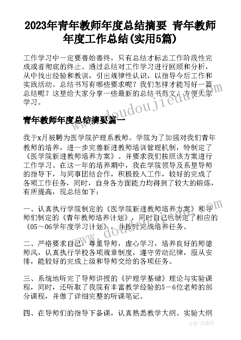 2023年青年教师年度总结摘要 青年教师年度工作总结(实用5篇)