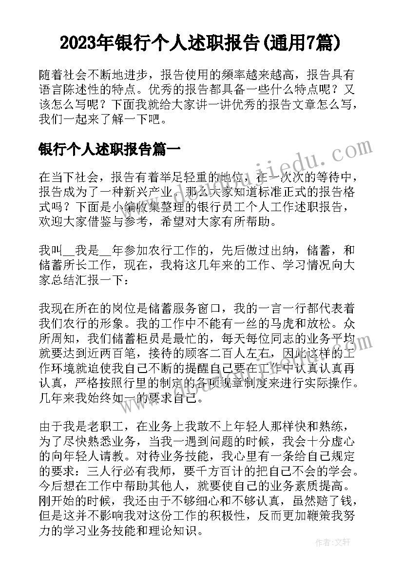 2023年银行个人述职报告(通用7篇)