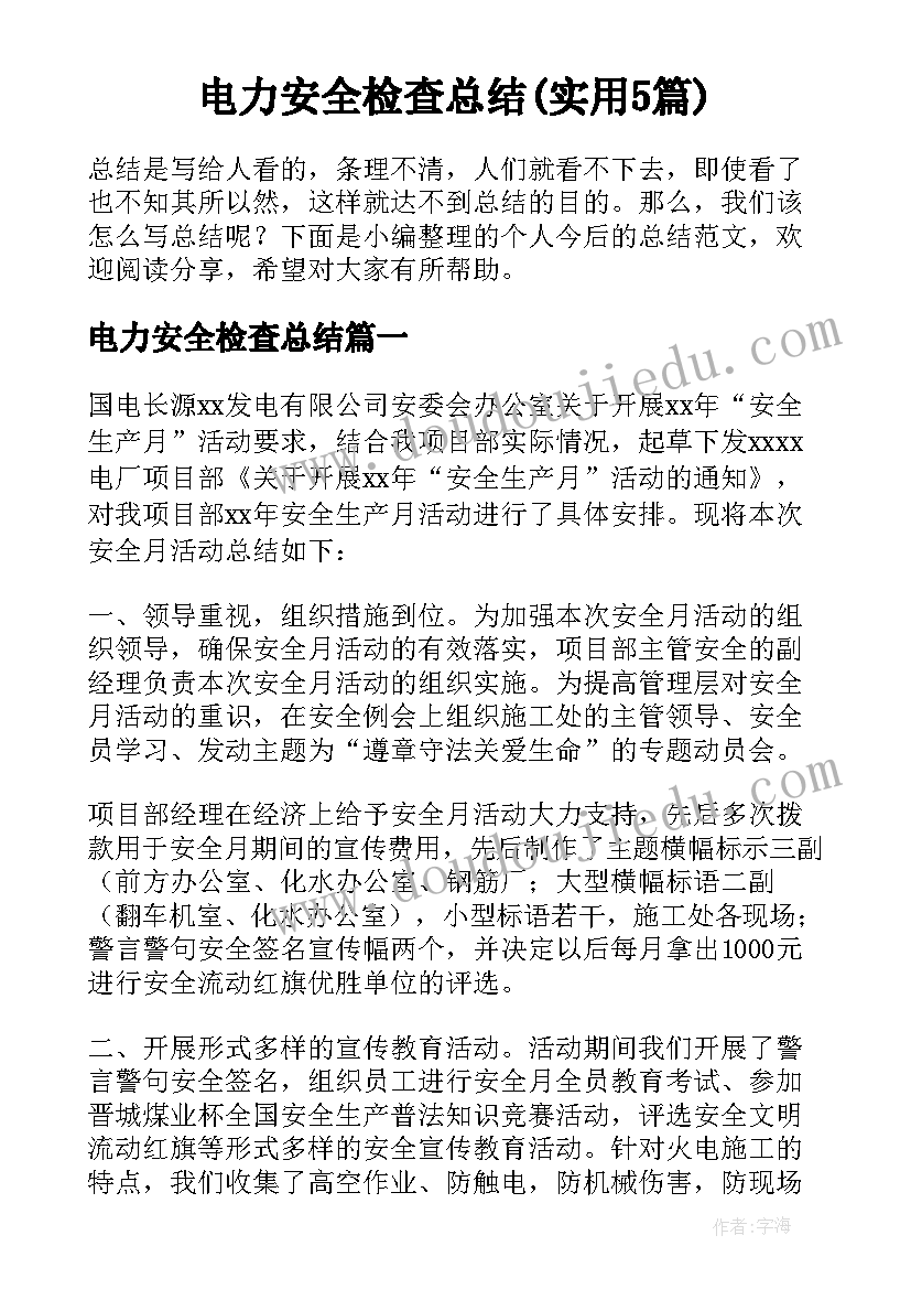 电力安全检查总结(实用5篇)