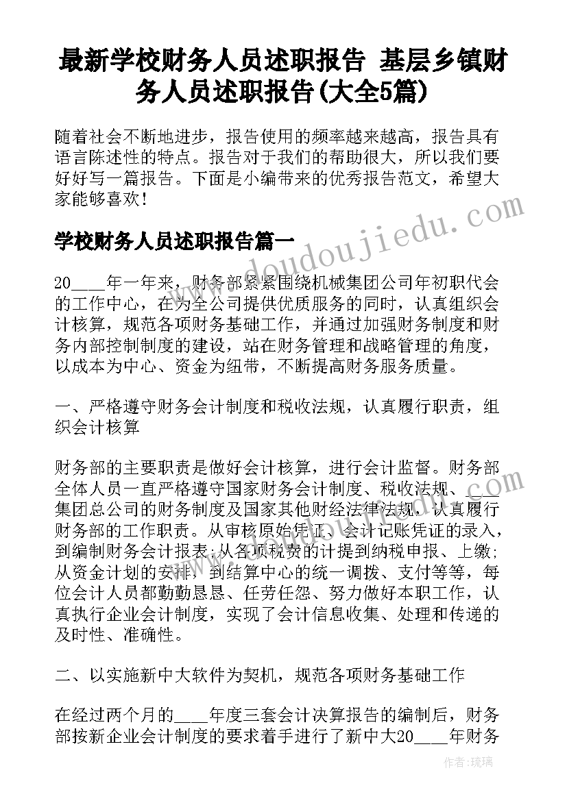 最新学校财务人员述职报告 基层乡镇财务人员述职报告(大全5篇)