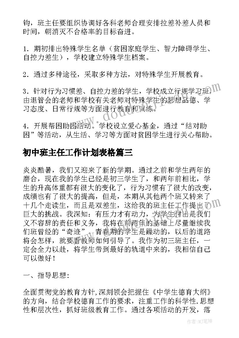 最新初中班主任工作计划表格(模板7篇)