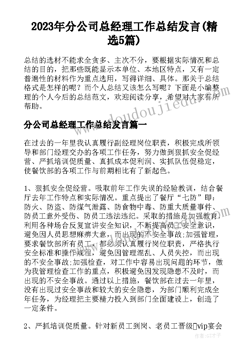 2023年分公司总经理工作总结发言(精选5篇)