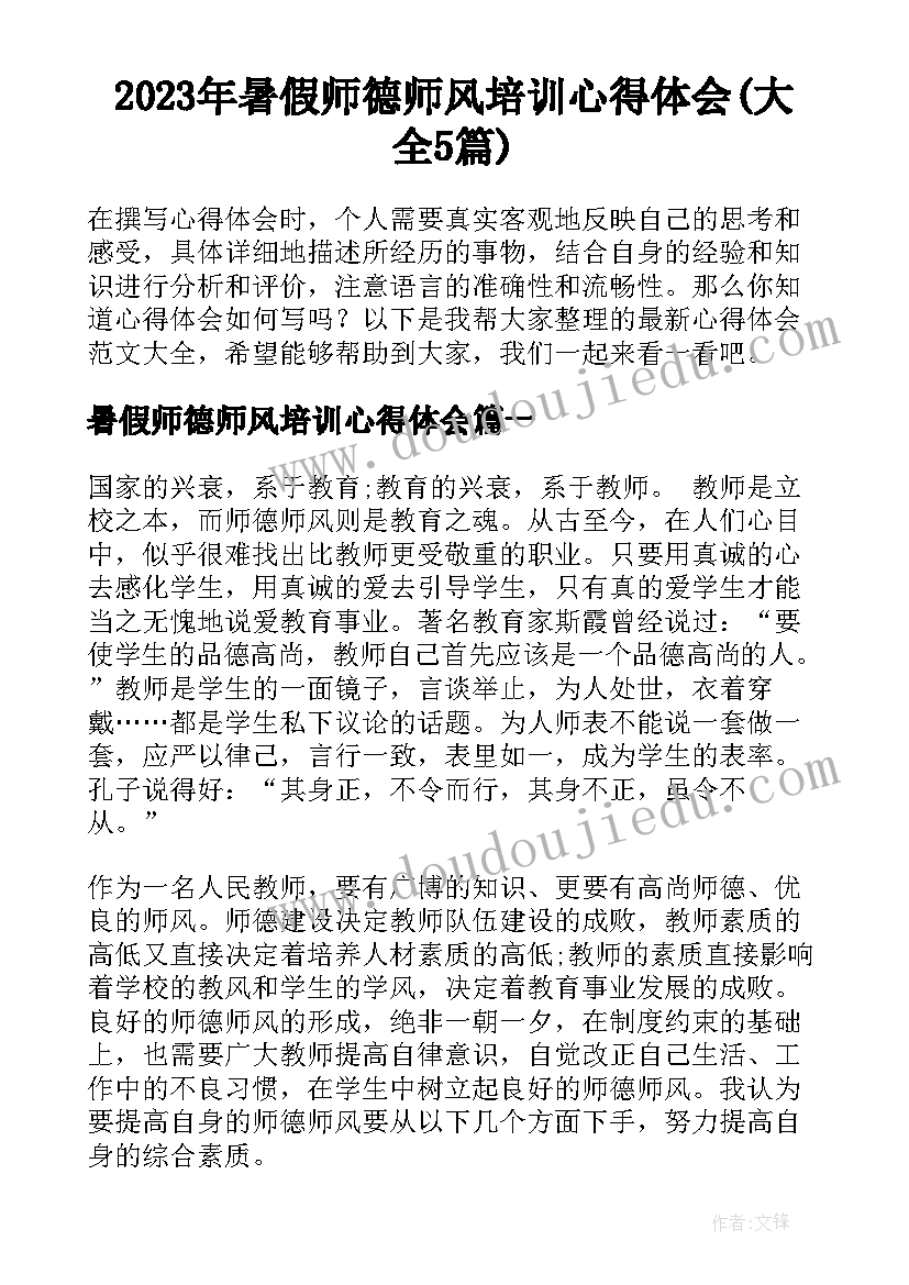 2023年暑假师德师风培训心得体会(大全5篇)