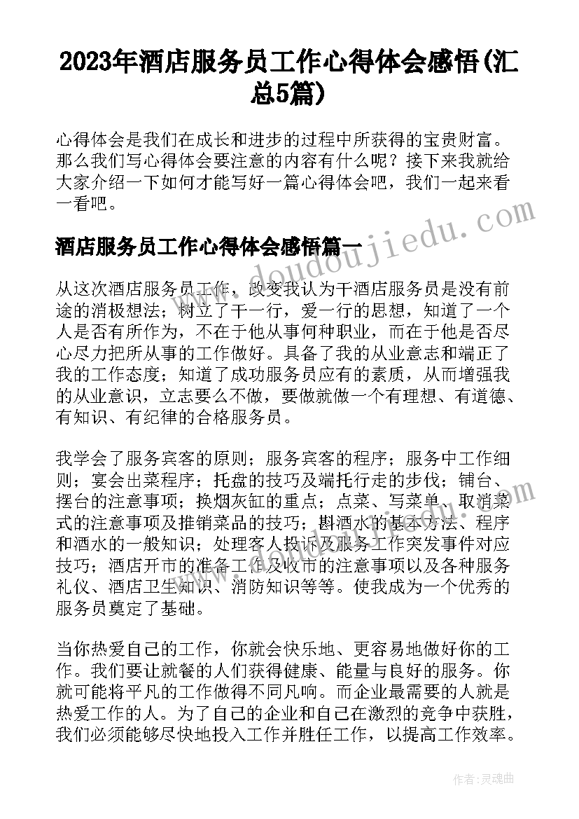 2023年酒店服务员工作心得体会感悟(汇总5篇)