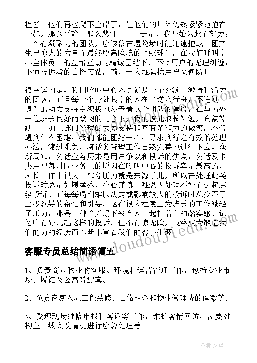 客服专员总结简语(通用5篇)