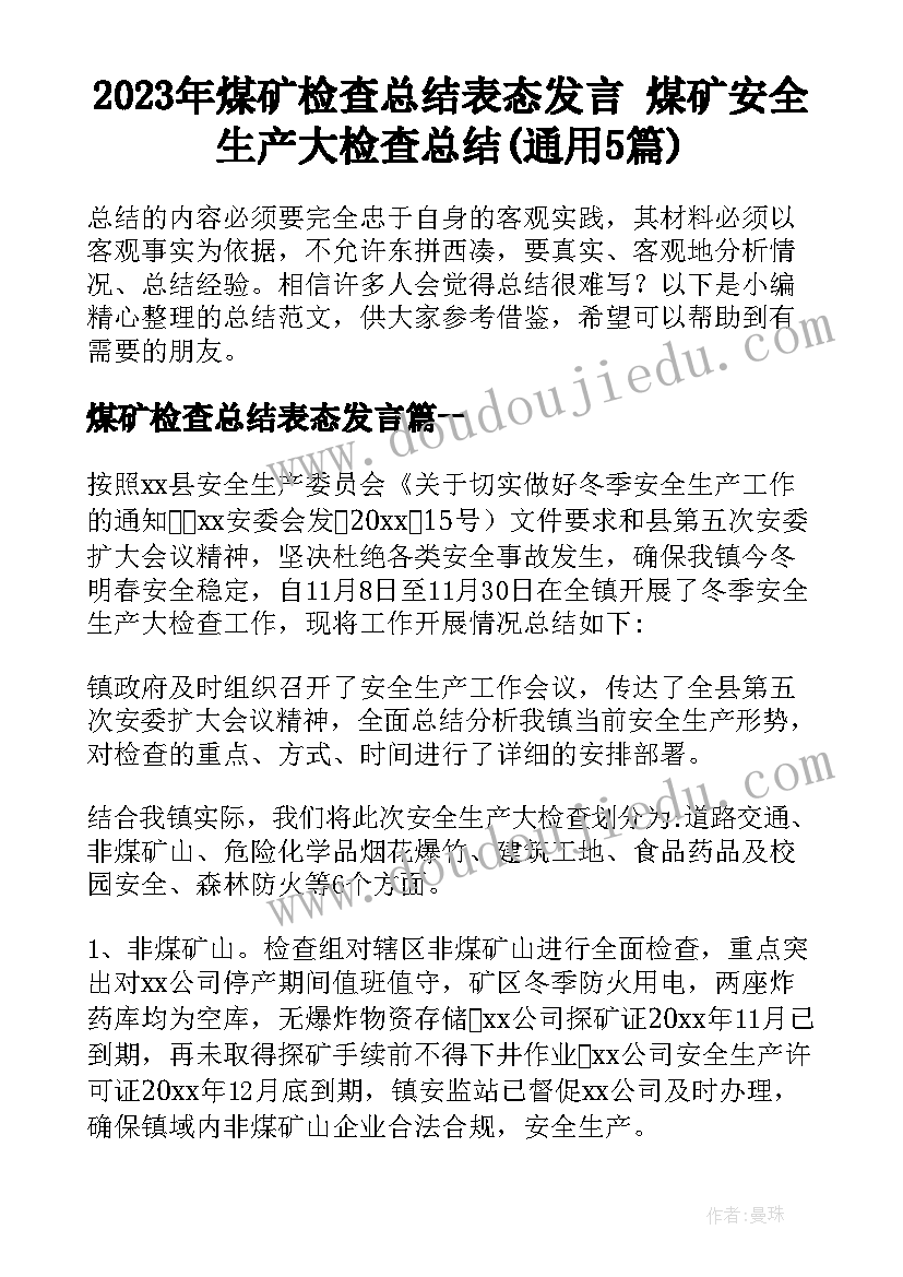 2023年煤矿检查总结表态发言 煤矿安全生产大检查总结(通用5篇)