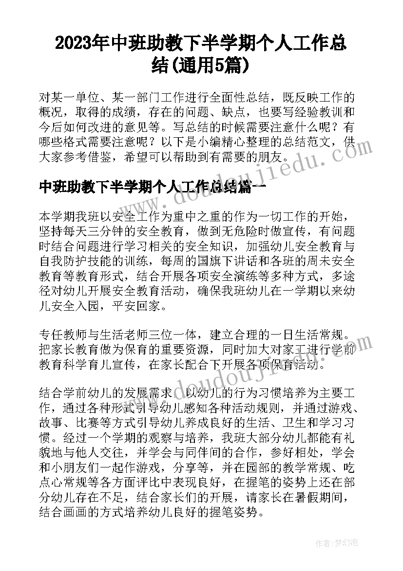 2023年中班助教下半学期个人工作总结(通用5篇)