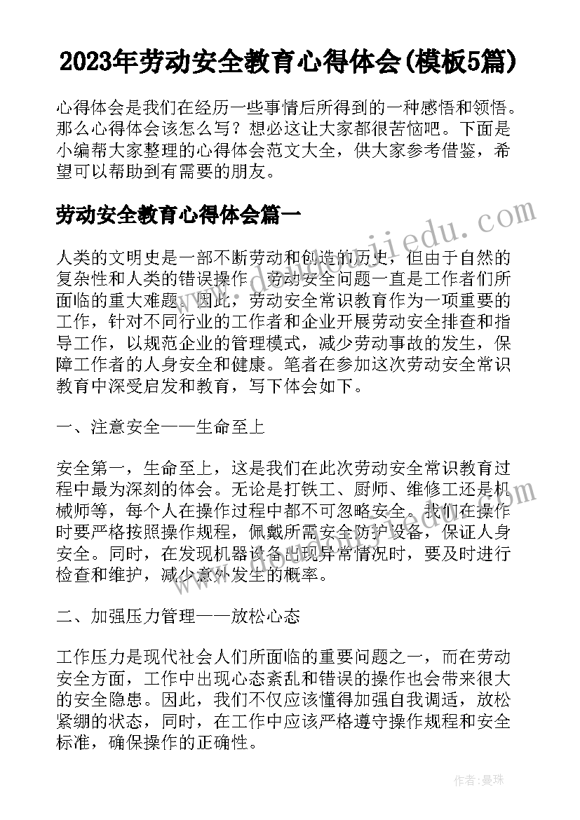 2023年劳动安全教育心得体会(模板5篇)