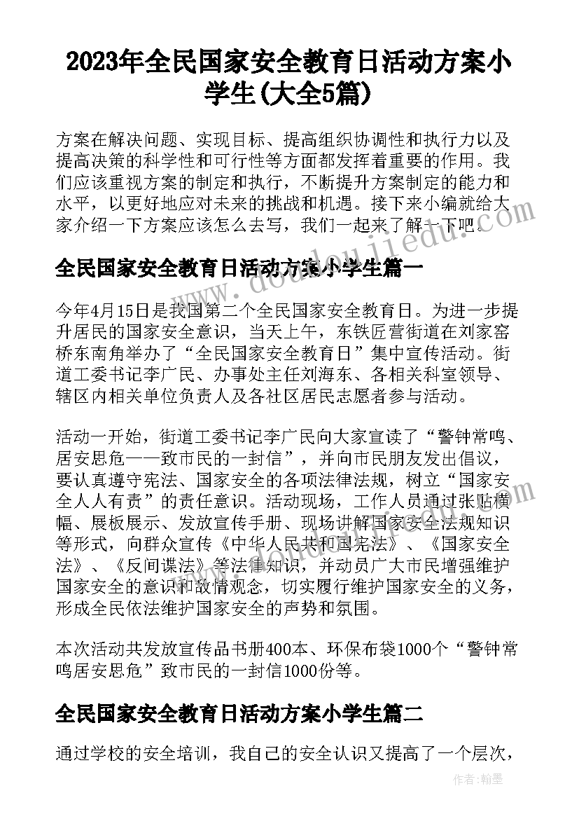 2023年全民国家安全教育日活动方案小学生(大全5篇)