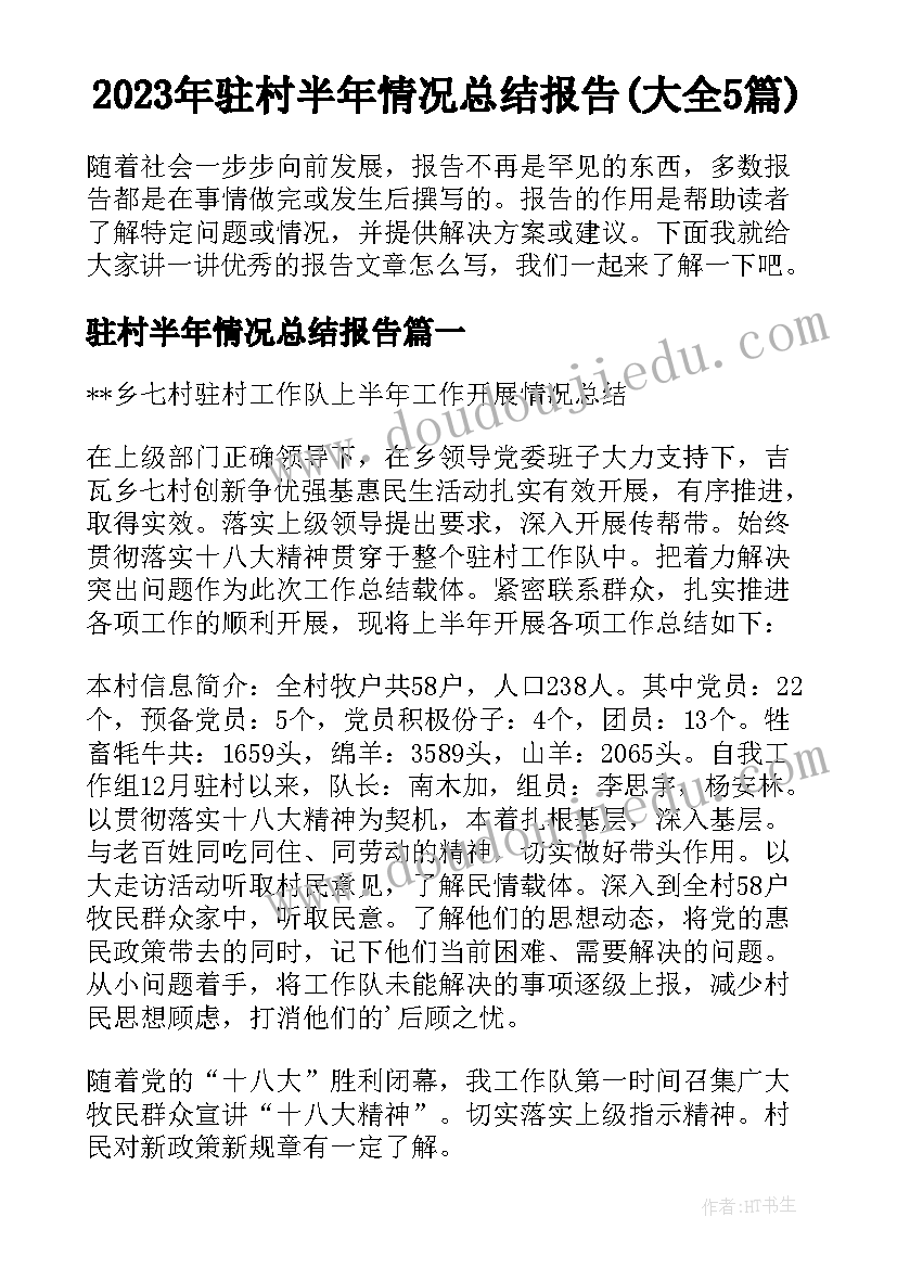 2023年驻村半年情况总结报告(大全5篇)