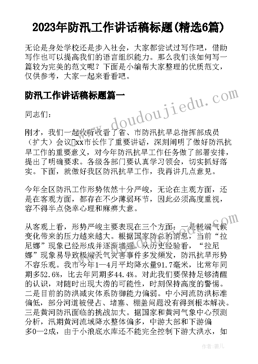 2023年防汛工作讲话稿标题(精选6篇)