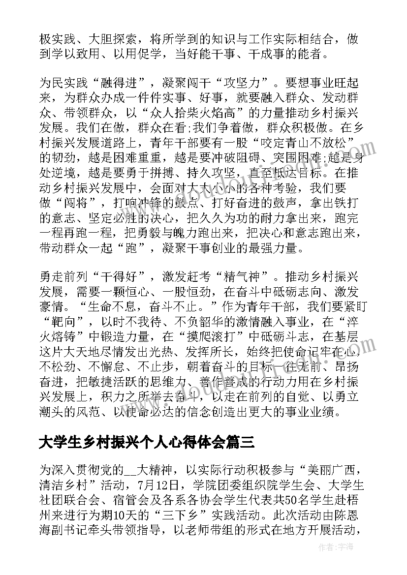 2023年大学生乡村振兴个人心得体会(模板7篇)