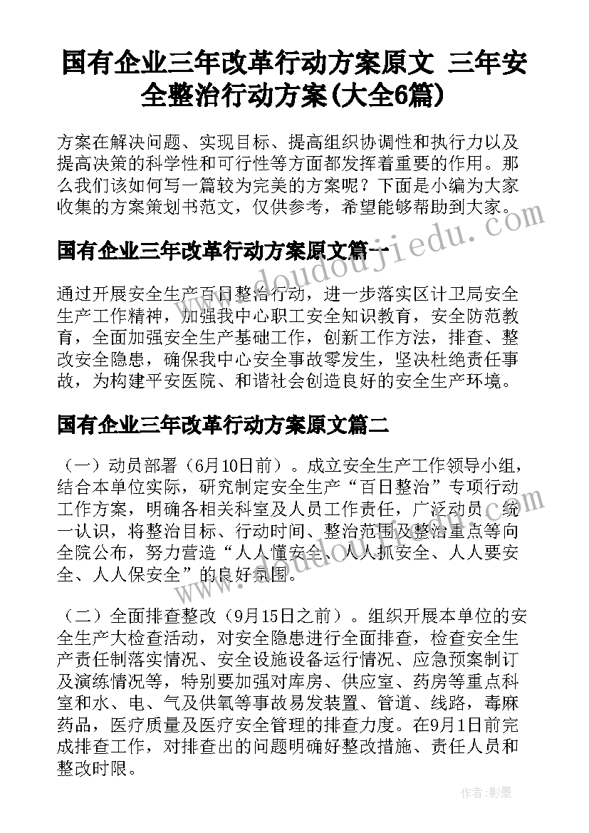 国有企业三年改革行动方案原文 三年安全整治行动方案(大全6篇)