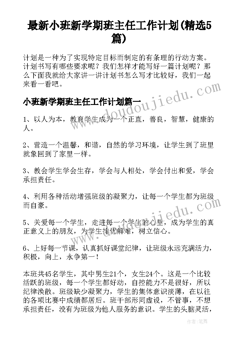 最新小班新学期班主任工作计划(精选5篇)