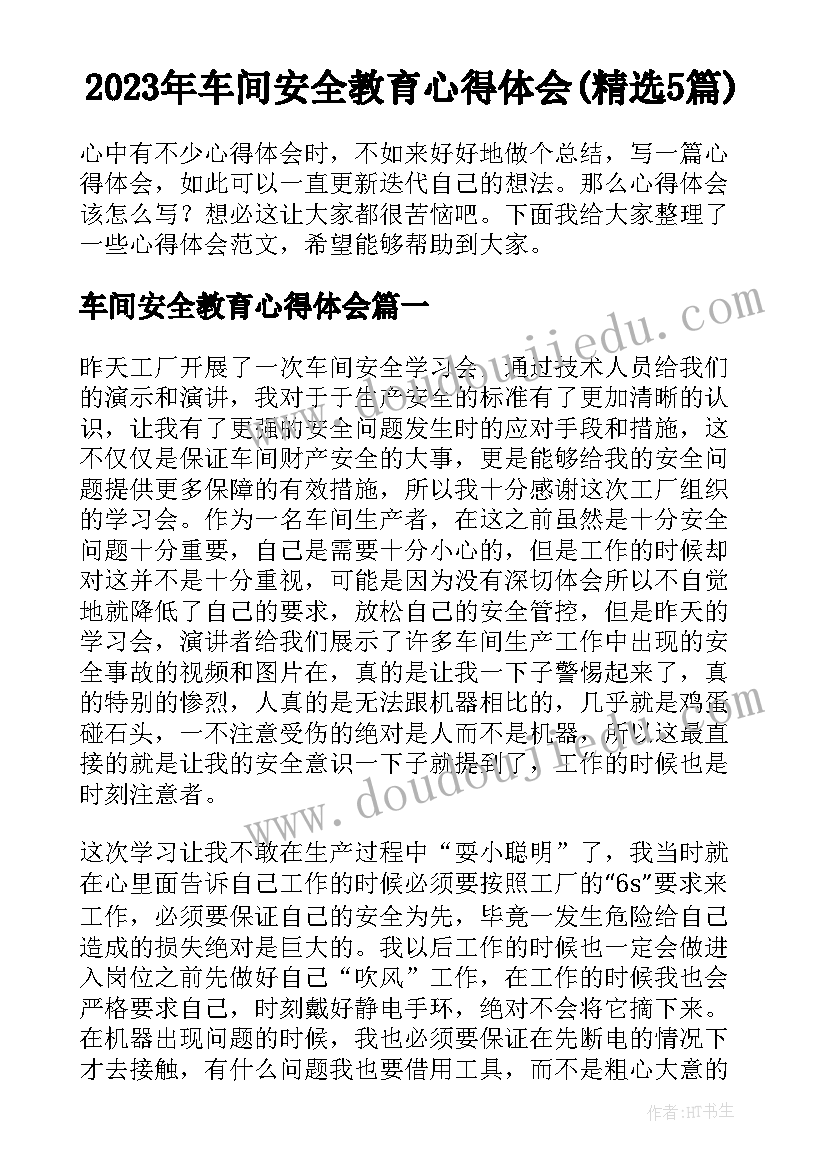 2023年车间安全教育心得体会(精选5篇)