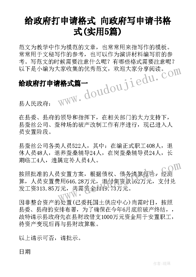 给政府打申请格式 向政府写申请书格式(实用5篇)