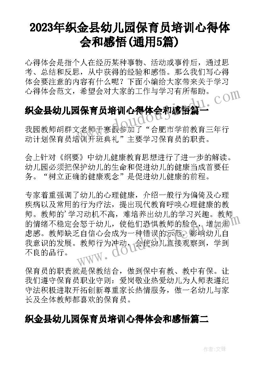 2023年织金县幼儿园保育员培训心得体会和感悟(通用5篇)