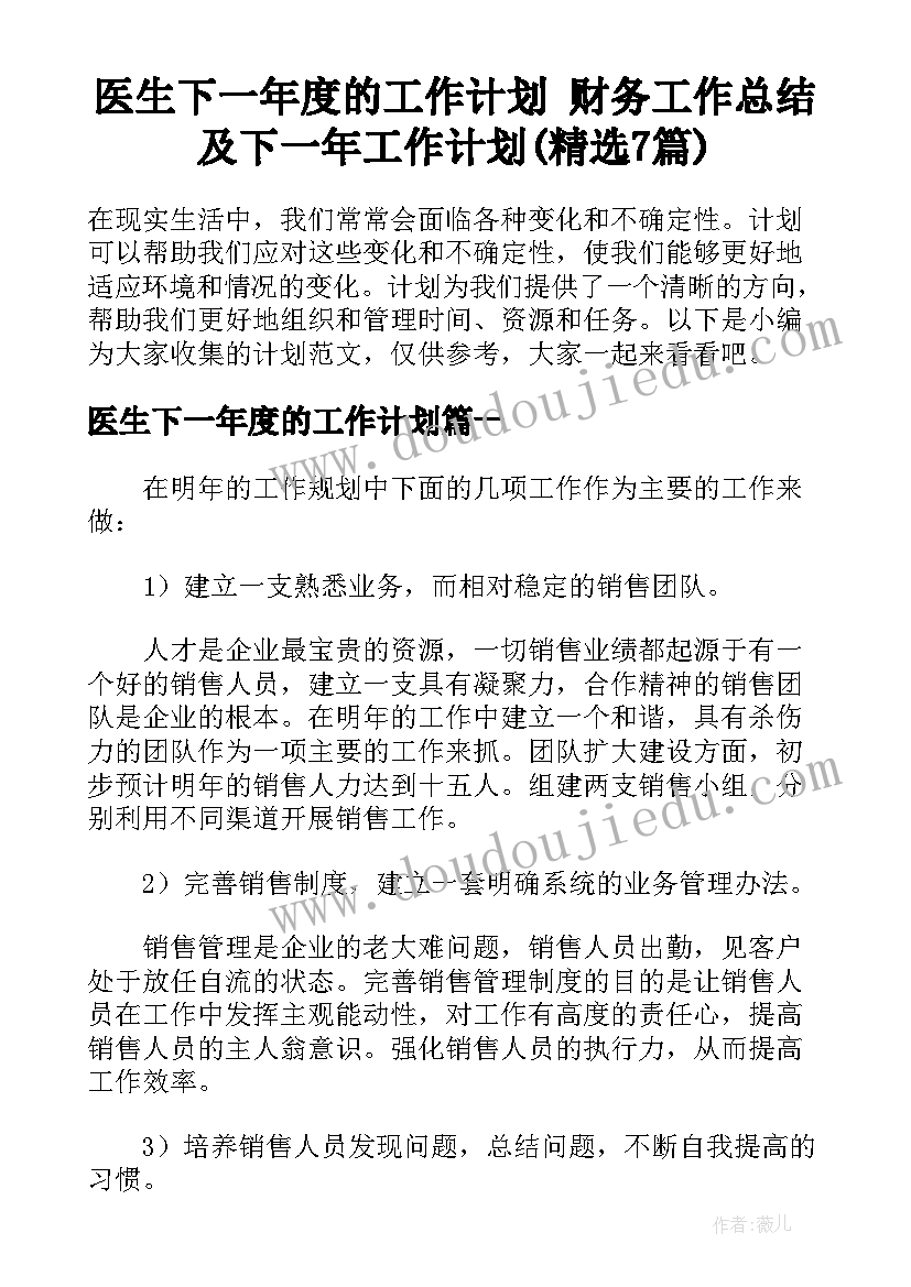 医生下一年度的工作计划 财务工作总结及下一年工作计划(精选7篇)