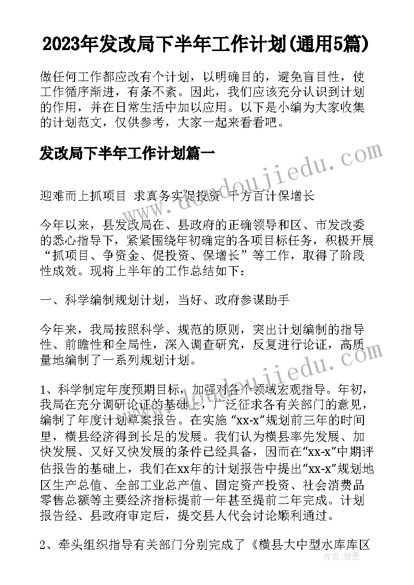 2023年发改局下半年工作计划(通用5篇)