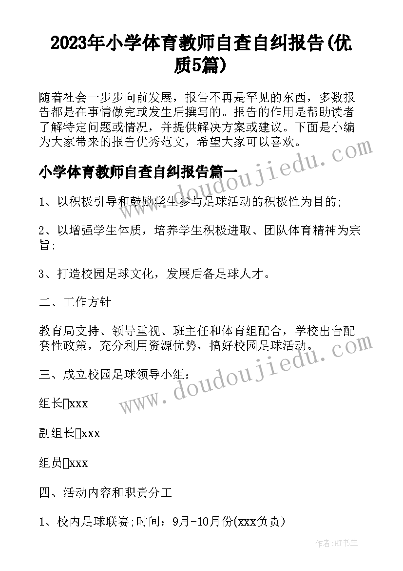 2023年小学体育教师自查自纠报告(优质5篇)