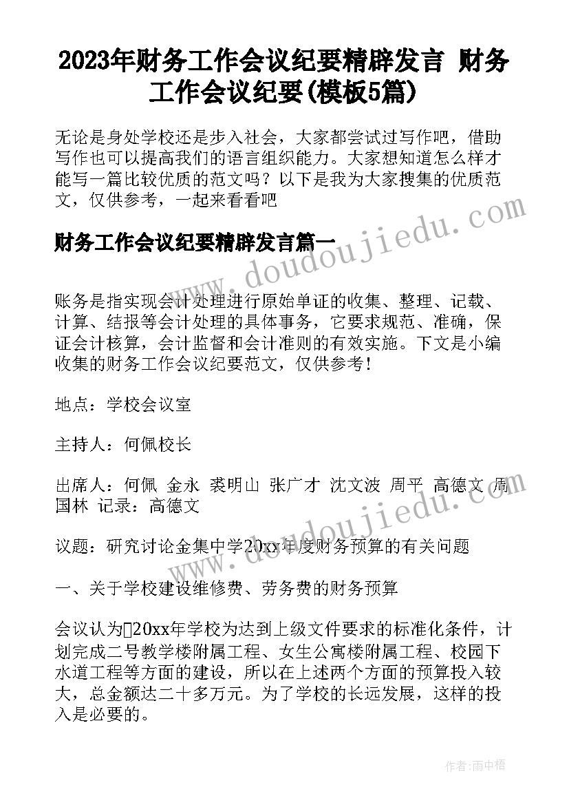 2023年财务工作会议纪要精辟发言 财务工作会议纪要(模板5篇)