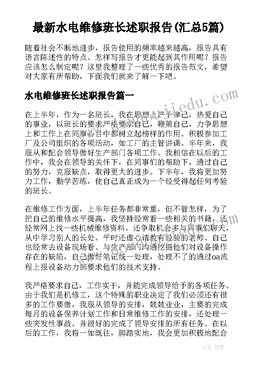 最新水电维修班长述职报告(汇总5篇)