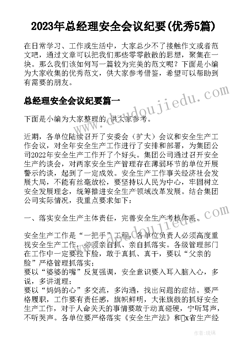 2023年总经理安全会议纪要(优秀5篇)