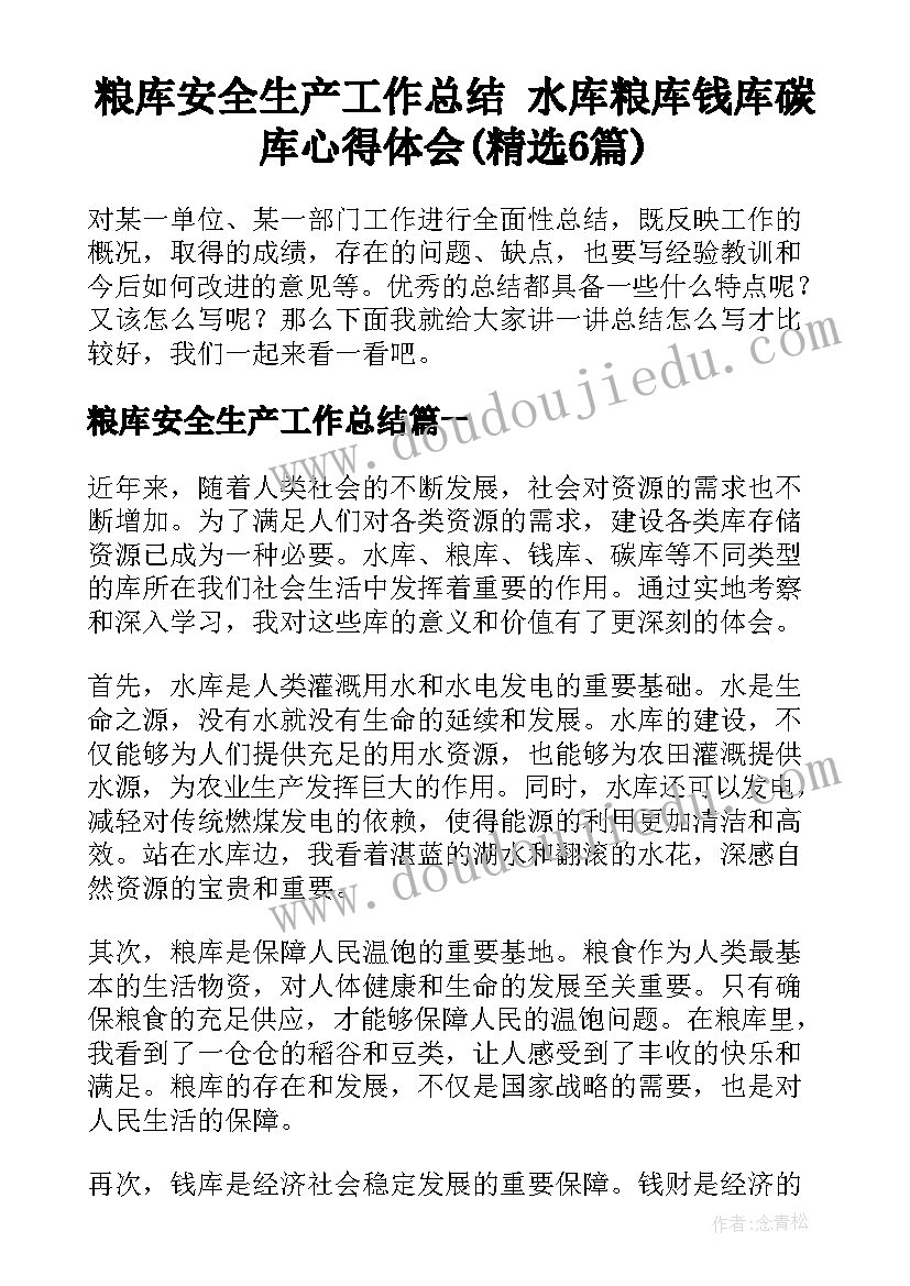 粮库安全生产工作总结 水库粮库钱库碳库心得体会(精选6篇)