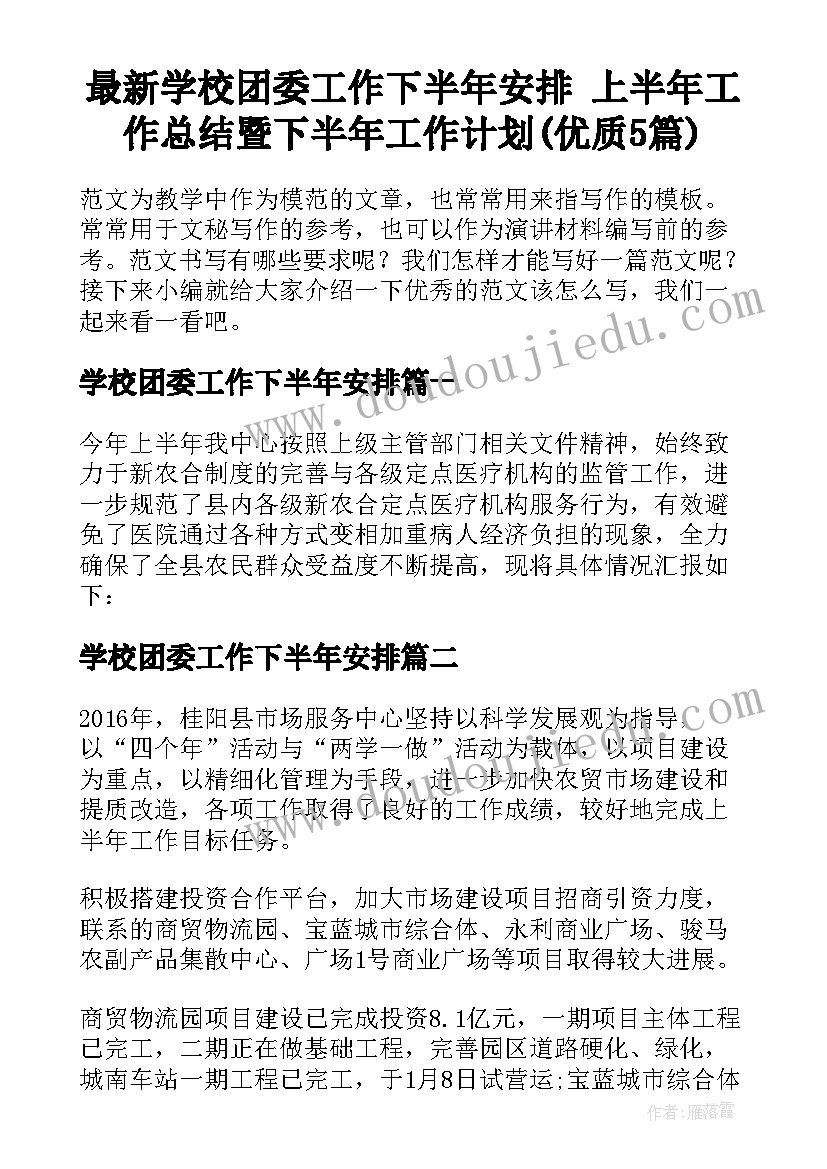 最新学校团委工作下半年安排 上半年工作总结暨下半年工作计划(优质5篇)