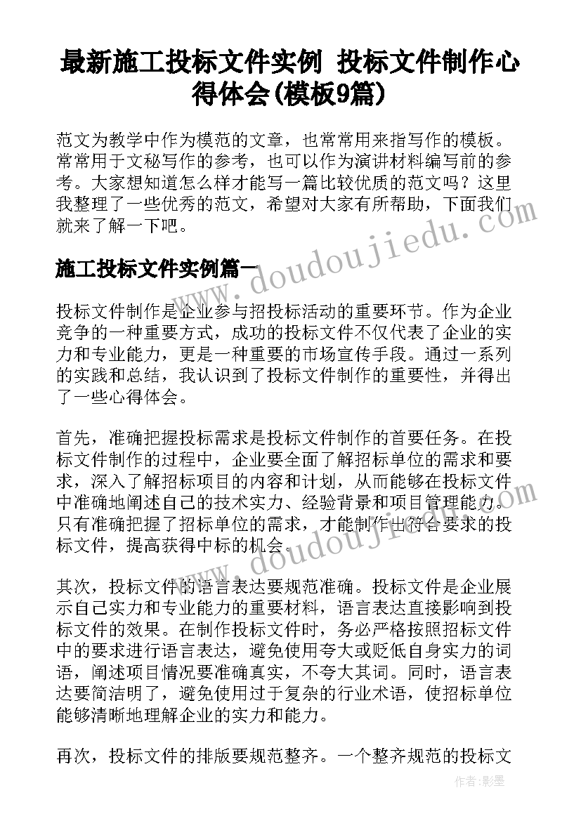 最新施工投标文件实例 投标文件制作心得体会(模板9篇)