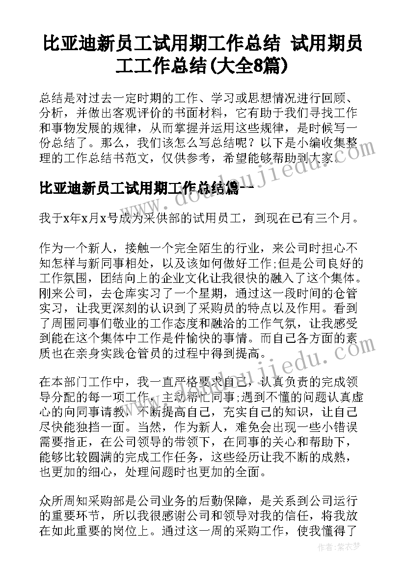 比亚迪新员工试用期工作总结 试用期员工工作总结(大全8篇)