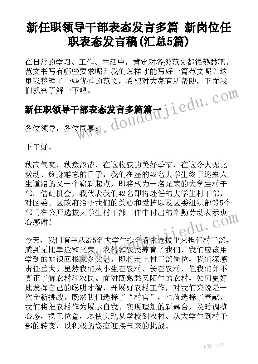 新任职领导干部表态发言多篇 新岗位任职表态发言稿(汇总5篇)