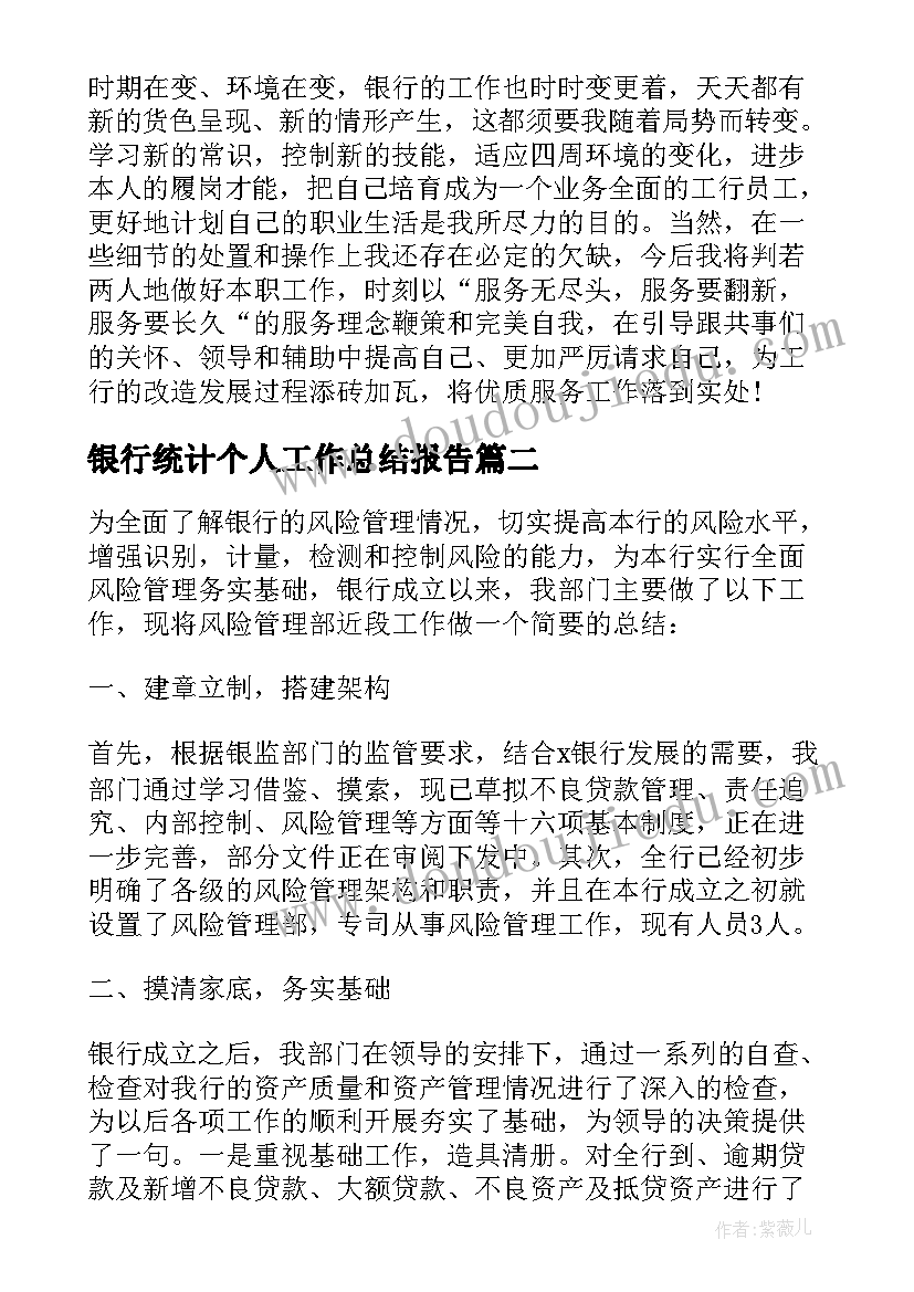 最新银行统计个人工作总结报告 银行个人工作总结报告(优质9篇)