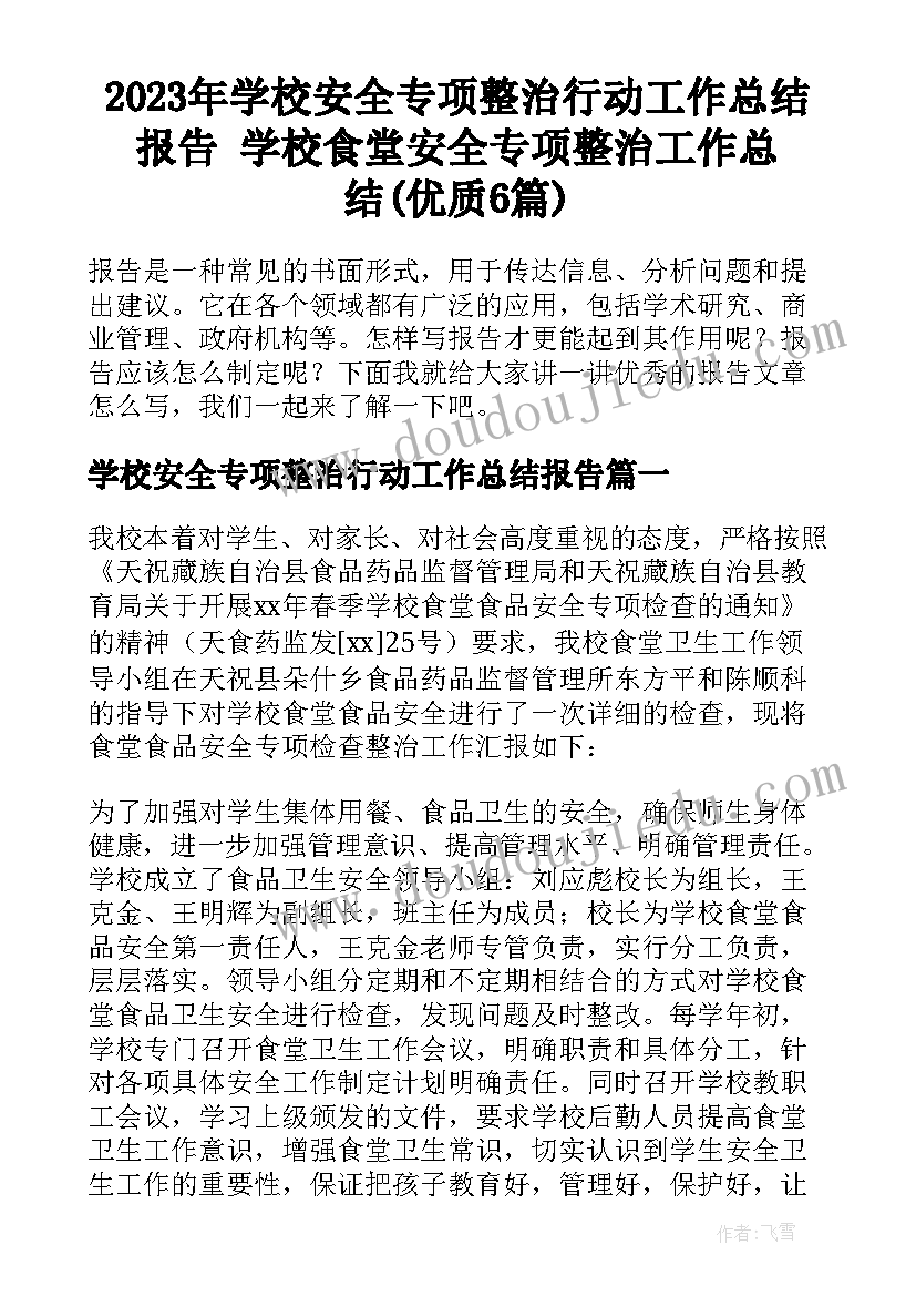 2023年学校安全专项整治行动工作总结报告 学校食堂安全专项整治工作总结(优质6篇)