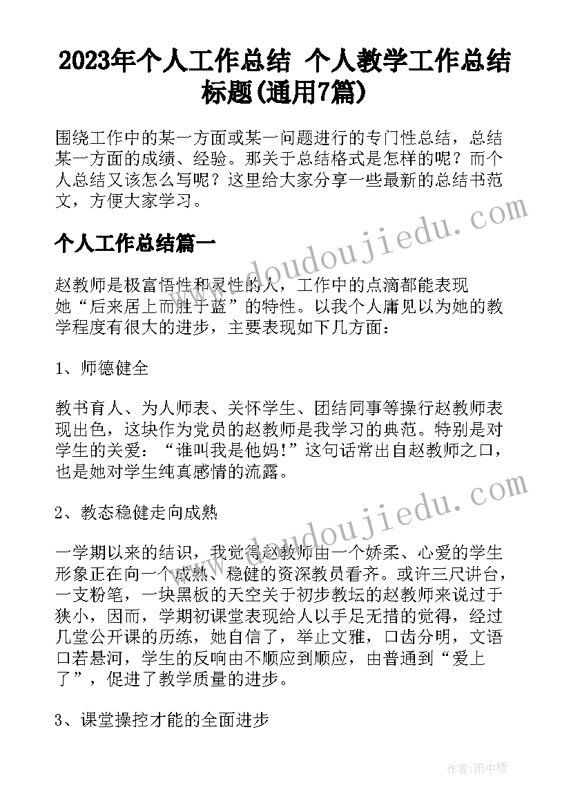 2023年个人工作总结 个人教学工作总结标题(通用7篇)