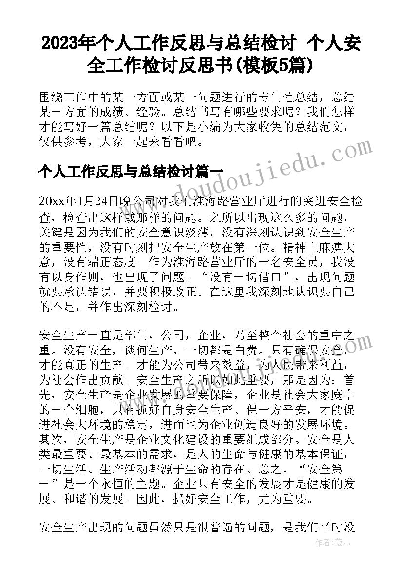 2023年个人工作反思与总结检讨 个人安全工作检讨反思书(模板5篇)