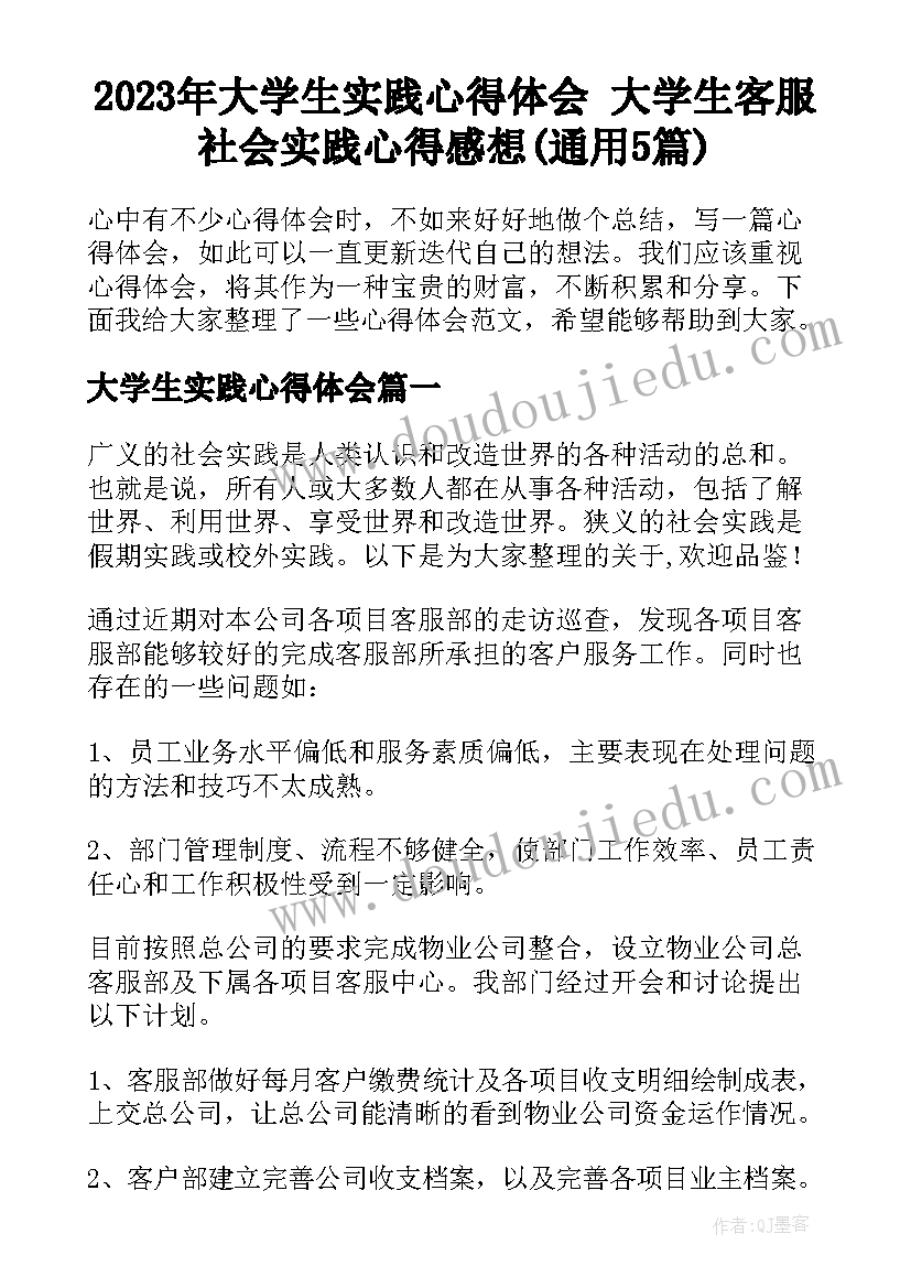 2023年大学生实践心得体会 大学生客服社会实践心得感想(通用5篇)