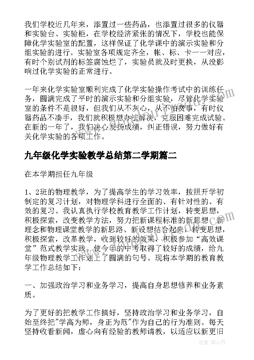 最新九年级化学实验教学总结第二学期(实用9篇)