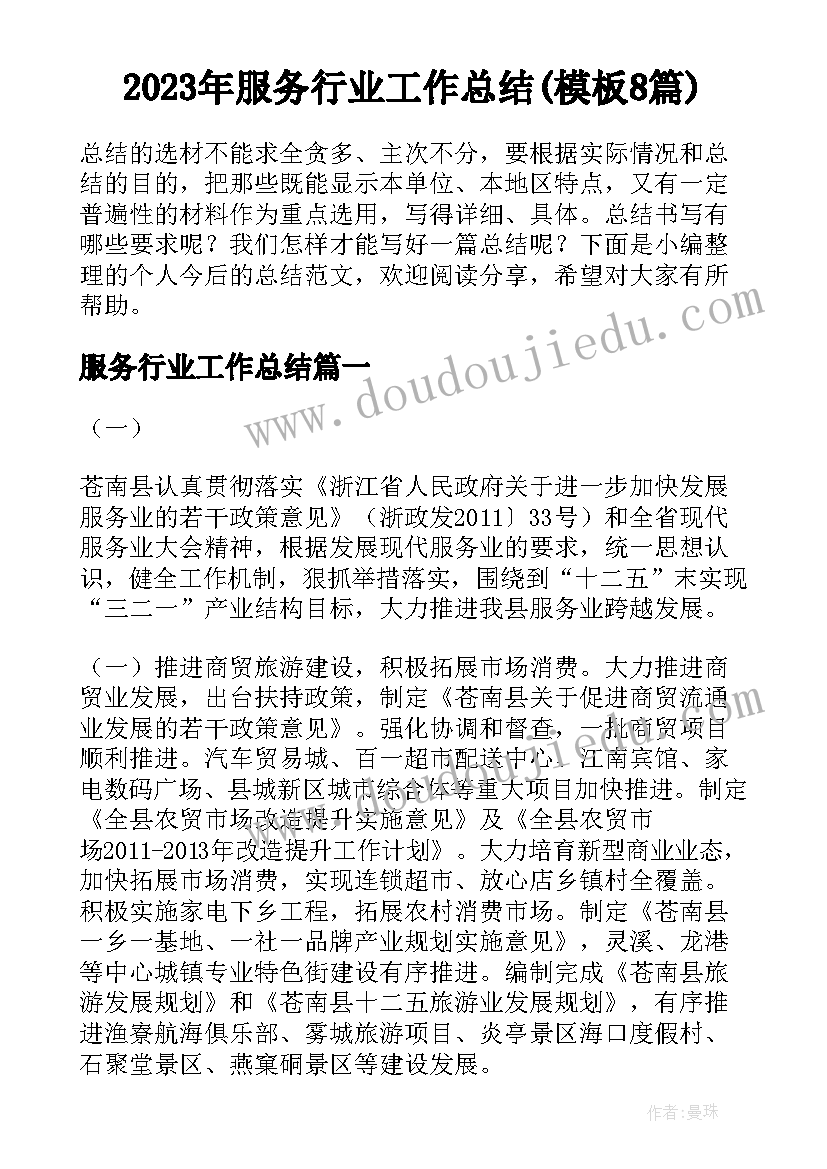 2023年服务行业工作总结(模板8篇)