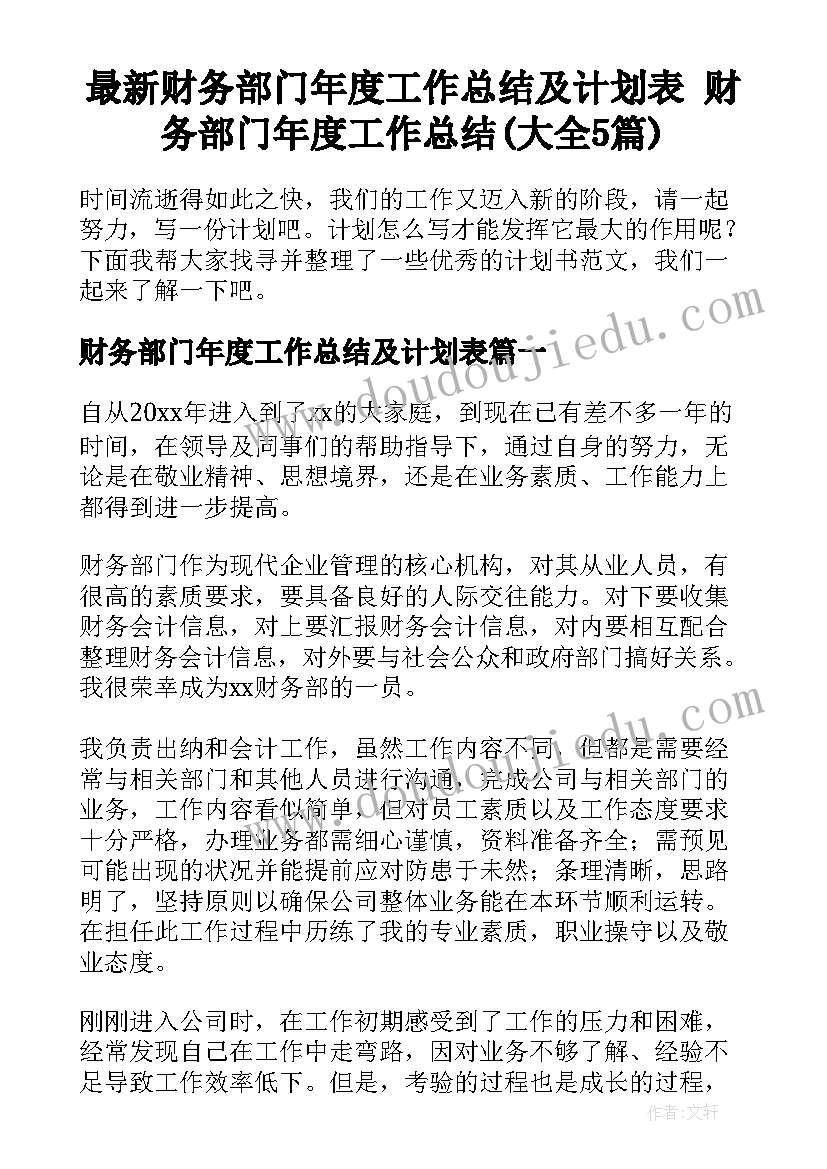 最新财务部门年度工作总结及计划表 财务部门年度工作总结(大全5篇)