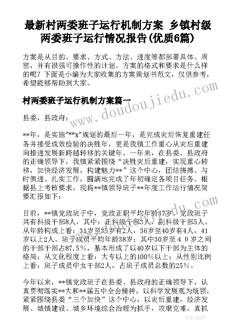 最新村两委班子运行机制方案 乡镇村级两委班子运行情况报告(优质6篇)