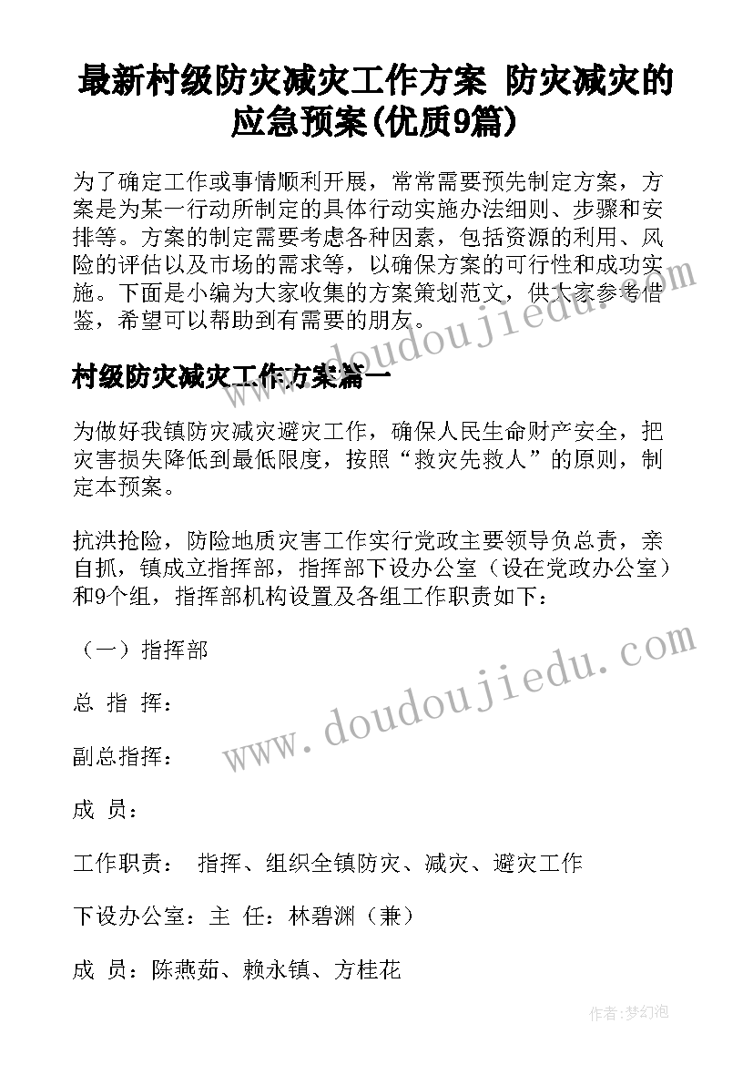 最新村级防灾减灾工作方案 防灾减灾的应急预案(优质9篇)