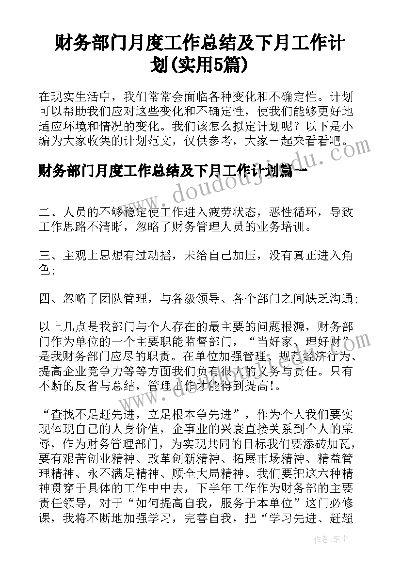 财务部门月度工作总结及下月工作计划(实用5篇)