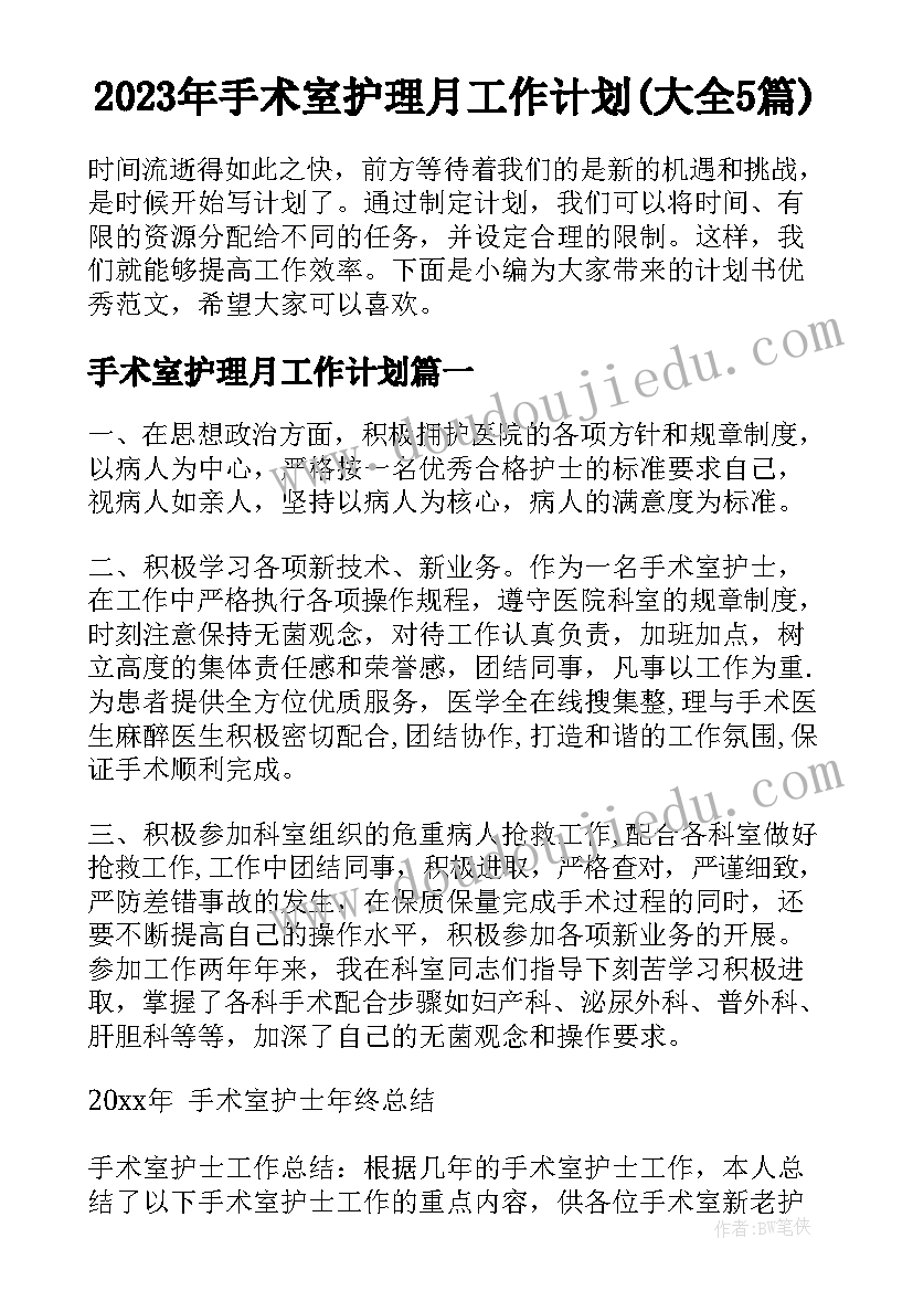 2023年手术室护理月工作计划(大全5篇)